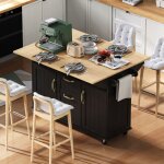 Desserte de cuisine avec 5 roulettes, plateau de table pliable, porte - serviettes, tagres ouvertes, ...