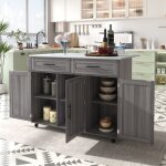 Desserte de cuisine, buffet bleu avec 5 roulettes, plateau rabattable, �tag�res dans les portes, 2 tiroirs, ...