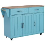 Fairwhale - desserte cuisine lot central 129x46x91, 5cm - planche bois massif & porte bleue - roues ...