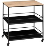 Desserte de cuisine � roulettes en bois naturel et m�tal noir - longueur 80 x profondeur 55 x hauteur ...