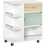 Desserte de cuisine style contemporain - 3 tagres, niche, porte verre, tiroir - blanc effet bois naturel ...