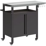 Desserte de jardin desserte plancha barbecue - 2 portes, tablette pliable, 3 crochets - acier noir acier ...
