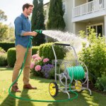 D�vidoir d�rouleur de tuyau de jardin, capacit� de 70 m pour tuyau de 20 mm, avec 2 roues, panier de ...