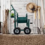 Devidoir vert a 4 roues pour tuyau darrosage avec enrouleur