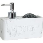 Distributeur de savon avec porte - ponge, motif marbre blanc, adapt aux tagres de cuisine, viers, ...