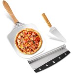 12x14 pouces pizza pack �corce en m�tal avec poign�e en bois et cutter rocker, paddle � pizza, pour four ...