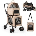 Double couche poussette chien chat, poussette 3 - en - 1 pliable pour 2 animaux, 2 cages dtachables, ...