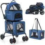 Double couche poussette chien chat, poussette 3 - en - 1 pliable pour 2 animaux, ceinture de scurit, ...