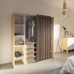 M&s - dressing 2 colonnes + meuble 4 tiroirs chêne / blanc, rideau taupe M&s - dressing 2 colonnes + meuble 4 tiroirs chêne / blanc, rideau taupe