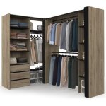 Dressing extensible d'angle marlon 200 x 150 x 180 cm htre avec penderies + tiroirs + tagres + rideaux ...