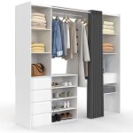 Dressing extensible double xxl meryl 120 / 180 cm blanc avec tiroirs + �tag�res + penderie + rideau gris ...