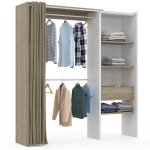 Dressing extensible marty 120 / 170 x 50 x 180 cm blanc avec tagres htre + double penderie + rideau ...