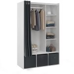Dressing penderie diane 105 x 50 x 172 cm blanc avec �tag�res + boites de rangement + rideau gris