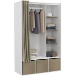Dressing penderie diane 105 x 50 x 172 cm blanc avec �tag�res + boites de rangement + rideau taupe