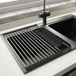 Egouttoir vaisselle inox cuisine schoir  rouleaux repliable et amovible en acier inoxydable pour vier ...