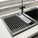 Egouttoir vaisselle inox cuisine schoir  rouleaux repliable et amovible en acier inoxydable pour vier ...