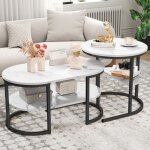 Eifson - lot de 2 tables basses gigognes , aspect marbre lisse, �tag�res ouvertes, table d'appoint ovale, ...