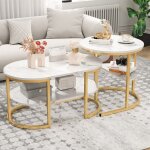 Eifson - lot de 2 tables basses gigognes , aspect marbre lisse, �tag�res ouvertes, table d'appoint ovale, ...