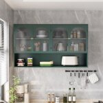 Armoire murale 120 cm, armoire de cuisine, avec 4 portes vitres, cloisons ouvertes, capacit de charge ...