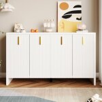 Buffet 140 cm, cloisons réglables, trois portes d'armoire, poignées dorées, style minimaliste moderne, ... Buffet 140 cm, cloisons réglables, trois portes d'armoire, poignées dorées, style minimaliste moderne, ...