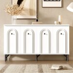 Buffet 140x34x78 cm, avec 4 portes, faade incurve 3d, poignes et pieds noirs, tagres rglables, ...