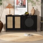Buffet 160x40x80 cm, avec porte en rotin et porte vitre semi - circulaire, cloison intrieure rglable, ...