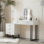 Coiffeuse, avec lumire led tricolore, miroir, cinq tiroirs, poignes noires, armoires latrales rglables, ...