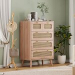 Commode 60x34x91 cm, avec 5 tiroirs en rotin tress�, poign�es dor�es, structure en bois massif, mdf, ...