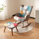 Fauteuil  bascule, avec pouf, structure en bois massif, design patchwork, lin, style scandinave, fauteuil ...