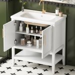 Lavabo 80x47x89 cm, meuble vasque simple, avec meuble de rangement, cloison ouverte, mdf, poignes mtal, ...