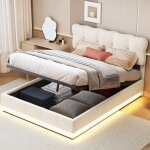 Lit coffre double 140x190 cm, avec tte de lit nuage, bandeau lumineux led sous le lit, velours, sommier ...