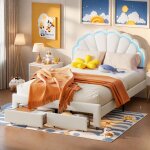 Eifson - lit simple 140x200 cm, lit enfant, avec �clairage led, 1 tiroir, t�te de lit p�tale, velours, ...