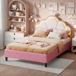 Eifson - lit simple 90x200 cm, t�te de lit d�cor couronne, bandeau lumineux led, sommier � lattes, velours, ...