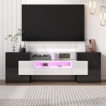 Eifson - meuble tv 145 cm, avec clairage led, 2 tiroirs, 4 portes, cloisons ouvertes, surface vitre, ...