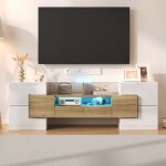 Eifson - meuble tv 145 cm, avec �clairage led, 2 tiroirs, 4 portes, cloisons ouvertes, surface vitr�e, ...