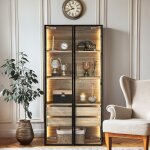 Eifson - vitrine 74x36x155 cm, vitrine bois, vitrine de salon, avec porte vitr�e, 2 tiroirs, vitrine ...