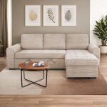 Mobilier deco - emeline - canapé d'angle réversible convertible avec coffre en velours côtelé beige Mobilier deco - emeline - canapé d'angle réversible convertible avec coffre en velours côtelé beige