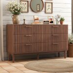 Enfilade 100x34x73 cm en bois massif, 6 tiroirs, design � rayures verticales, finition en noyer naturel, ...