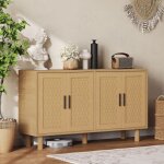 Enfilade 140x40x80 cm avec portes en rotin, poign�es m�talliques noires, pieds cylindriques, design style ...