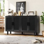 Enfilade 140x40x80 cm avec portes en rotin, poign�es m�talliques noires, pieds cylindriques, design style ...