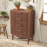 Enfilade 60x34x91 cm en bois massif, 4 tiroirs, design � rayures verticales, finition en noyer naturel, ...