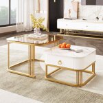 Okwish - ensemble de 2 tables basses gigognes blanche, aspect marbre, plateau en verre, table carre ...