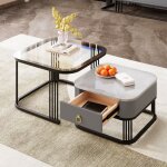 Okwish - ensemble de 2 tables basses gigognes grise, aspect marbre, plateau en verre, table carrée avec ... Okwish - ensemble de 2 tables basses gigognes grise, aspect marbre, plateau en verre, table carrée avec ...