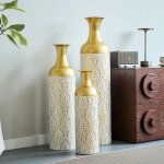 Ensemble de 3 grands vases de sol dor�s (50 / 66 / 83 cm) - grands vases d�coratifs en m�tal � motif ...