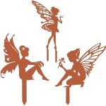 Ensemble de 3 statuettes de f�es en m�tal rouill� pour le jardin, d�corations d�coratives avec elfe assis ...