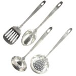 Ensemble de 4 ustensiles de cuisine en acier inoxydable : louche, spatule ajour�e, cuill�re et �cumoire ...