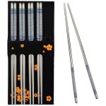Ensemble de 5 paires de baguettes chinoises antid�rapantes en acier inoxydable � motif porcelaine bleue ...
