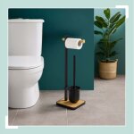 Ensemble brosse de toilette et porte papier toilette en bambou et acier