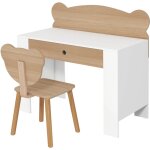 Aiyaplay - ensemble bureau et chaise enfant design ourson - grand tiroir - blanc effet bois naturel
