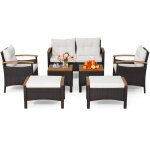 Ensemble de canap�s de patio en rotin pe 7 pi�ces, avec coussins d'assise et de dossier, 2 poufs, 2 tables ...